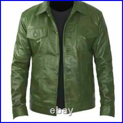 Men's 100% Real Lambskin Leather Jacket Green Trucker Western Denim Style Coat Men's 100% Real Lambskin Leather Jacket Green Trucker Western Denim Style Coat