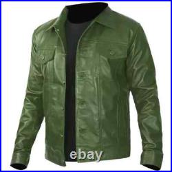 Men's 100% Real Lambskin Leather Jacket Green Trucker Western Denim Style Coat Men's 100% Real Lambskin Leather Jacket Green Trucker Western Denim Style Coat