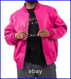 Men's 100% Real Lambskin Leather Pink Bomber Jacket Baseball Varsity Style Coat