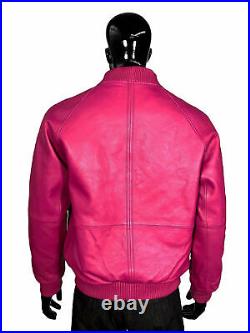 Men's 100% Real Lambskin Leather Pink Bomber Jacket Baseball Varsity Style Coat