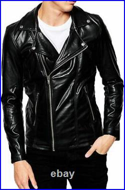 Men's 100% Western Authentic Sheepskin Black Leather Jacket Racer Soft Club Coat