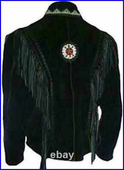 Men's American Black Native Cultural Western Suede Leather Jacket Fringed Beaded