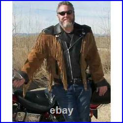 Men's American Native Biker Style Western Coat with Suede Leather Fringes Jacket