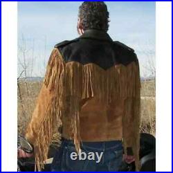 Men's American Native Biker Style Western Coat with Suede Leather Fringes Jacket