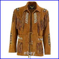 Men's American Western Cowboy Suede Leather Jacket Brown Coat & Fringes Beaded