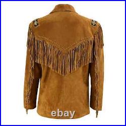 Men's American Western Cowboy Suede Leather Jacket Brown Coat & Fringes Beaded