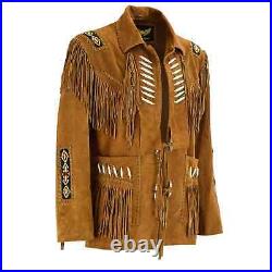 Men's American Western Cowboy Suede Leather Jacket Brown Coat & Fringes Beaded