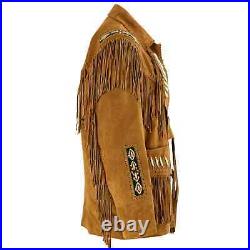 Men's American Western Cowboy Suede Leather Jacket Brown Coat & Fringes Beaded