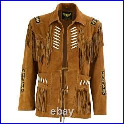 Men's American Western Cowboy Suede Leather Jacket Brown Coat with Fringes Beads