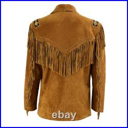 Men's American Western Cowboy Suede Leather Jacket Brown Coat with Fringes Beads
