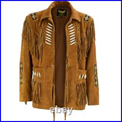 Men's American Western Cowboy Suede Leather Jacket Brown Coat with Fringes Beads