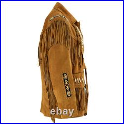 Men's American Western Cowboy Suede Leather Jacket Brown Coat with Fringes Beads