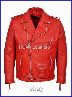Men's Authentic Cow Hide Real Leather Jacket Red Designer Riding Belted Cow Coat