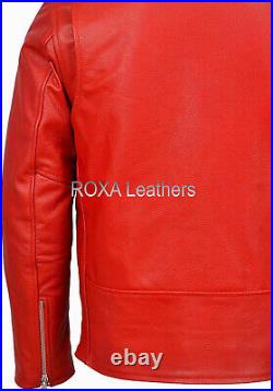 Men's Authentic Cow Hide Real Leather Jacket Red Designer Riding Belted Cow Coat