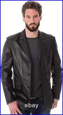 Men's Authentic Lambskin 100% Real Leather Blazer Black THREE BUTTON Coat Jacket