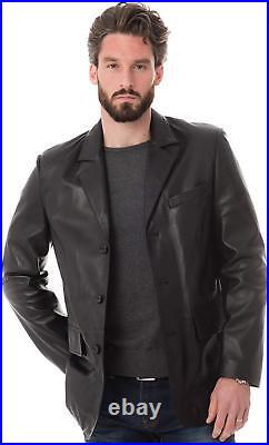 Men's Authentic Lambskin 100% Real Leather Blazer Black THREE BUTTON Coat Jacket