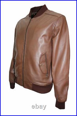 Men's Authentic Lambskin Real Leather Jacket Bomber Motorcycle Winter Brown Coat