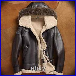 Men's B3 RAF Bomber Removeable hood Brown Fur Shearling Real Leather Jacket Coat