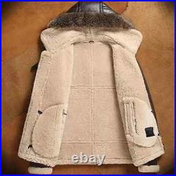 Men's B3 RAF Bomber Removeable hood Brown Fur Shearling Real Leather Jacket Coat