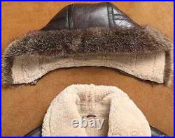 Men's B3 RAF Bomber Removeable hood Brown Fur Shearling Real Leather Jacket Coat