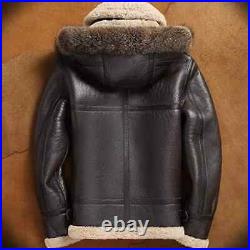 Men's B3 RAF Bomber Removeable hood Brown Fur Shearling Real Leather Jacket Coat