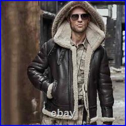 Men's B3 RAF Bomber Removeable hood Brown Fur Shearling Real Leather Jacket Coat