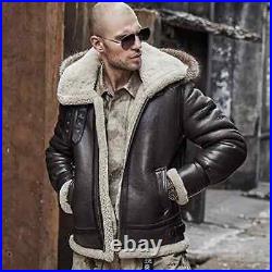 Men's B3 RAF Bomber Removeable hood Brown Fur Shearling Real Leather Jacket Coat