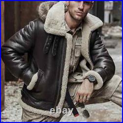 Men's B3 RAF Bomber Removeable hood Brown Fur Shearling Real Leather Jacket Coat