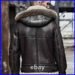 Men's B3 RAF Bomber Removeable hood Brown Fur Shearling Real Leather Jacket Coat