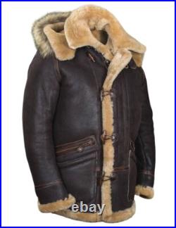 Men's B7 Flight Aviator Coat Hooded Fur Brown Sheepskin Leather Long Jacket