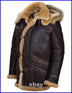 Men's B7 Flight Aviator Coat Hooded Fur Brown Sheepskin Leather Long Jacket