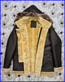Men's B7 Flight Aviator Coat Hooded Fur Brown Sheepskin Leather Long Jacket