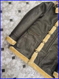 Men's B7 Flight Aviator Coat Hooded Fur Brown Sheepskin Leather Long Jacket