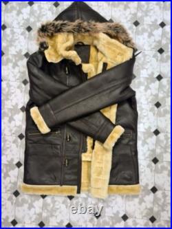 Men's B7 Flight Aviator Coat Hooded Fur Brown Sheepskin Leather Long Jacket