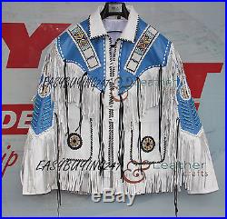 Men's BLUE WHITE Western Cowboy Leather Jacket coat With Fringe Bone and Beads
