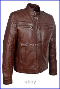 Men's Bike Riding Wear Lambskin Real Leather Jacket Brown Winter Soft Coat