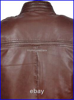 Men's Bike Riding Wear Lambskin Real Leather Jacket Brown Winter Soft Coat