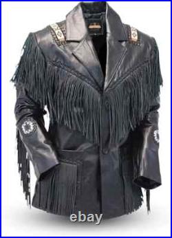 Men's Black Fringe Jacket Native American Beadwork western style Coat Men's Black Fringe Jacket Native American Beadwork western style Coat