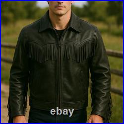 Men's Black Fringe Leather Jacket Western Cowboy Real Cowhide Rodeo Biker Zip
