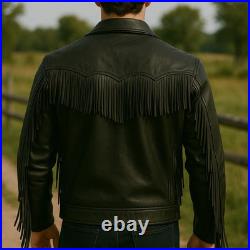Men's Black Fringe Leather Jacket Western Cowboy Real Cowhide Rodeo Biker Zip