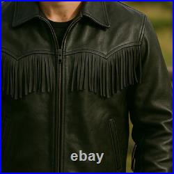 Men's Black Fringe Leather Jacket Western Cowboy Real Cowhide Rodeo Biker Zip