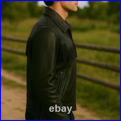 Men's Black Fringe Leather Jacket Western Cowboy Real Cowhide Rodeo Biker Zip