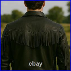 Men's Black Fringe Leather Jacket Western Cowboy Real Cowhide Rodeo Biker Zip