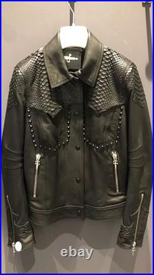 Men's Black Leather Jacket with Python Embossed Shoulder & Studded Western Style