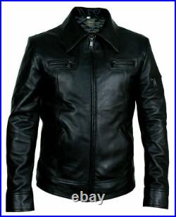 Men's Black Real Leather Jacket Slim Fit Biker Vintage Jacket Retro Collar Coat