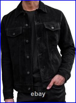 Men's Black Suede Leather Jacket Trucker Style Slim Fit Tailored