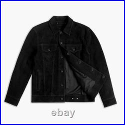 Men's Black Suede Leather Jacket Trucker Style Slim Fit Tailored