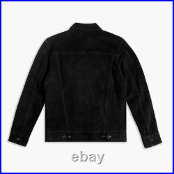 Men's Black Suede Leather Jacket Trucker Style Slim Fit Tailored