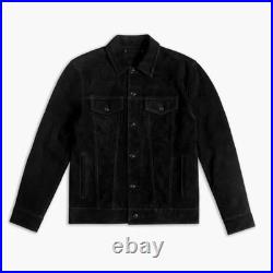 Men's Black Suede Leather Jacket Trucker Style Slim Fit Tailored