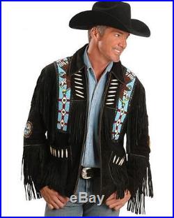 Men's Black Suede Western Cowboy Leather Jacket coat With Fringe, Bone and Beads